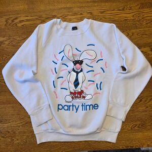 Vintage 1985 Jim Benton Party Time Bunny Sweatshirt White 80s Raglan Medium